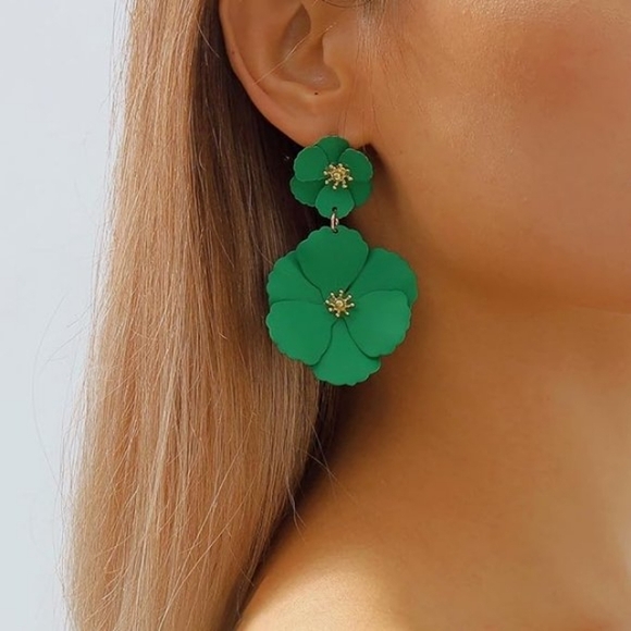 Green Double Flower Blossom Statement Earrings Big Floral Bloom Emerald Flowers - Picture 2 of 4